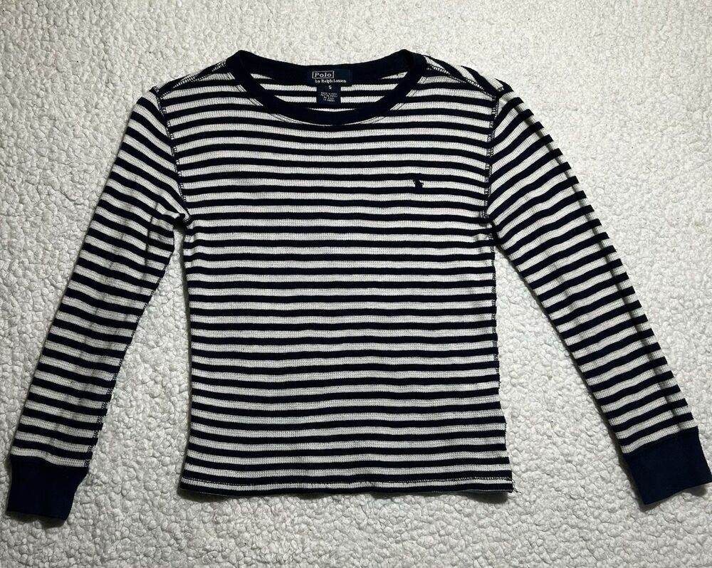 Polo Ralph Lauren Boys Size 5 Striped Waffle Knit Thermal Shirt 322185420 Navy